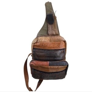 Vintange Brown Genuine Soft Leather Patchwork Crossbody Chest Sling Saddle Bag